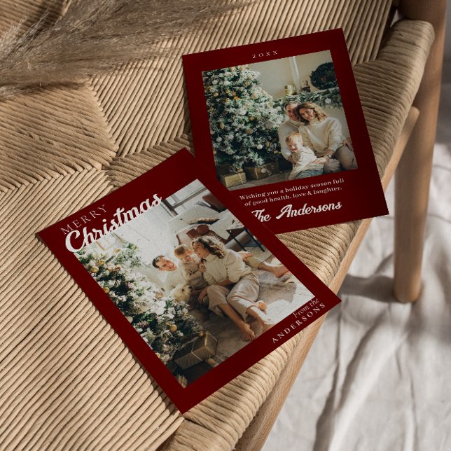 Photo Red Maroon Stylish Modern Merry Christmas Holiday Card (Creator Uploaded)