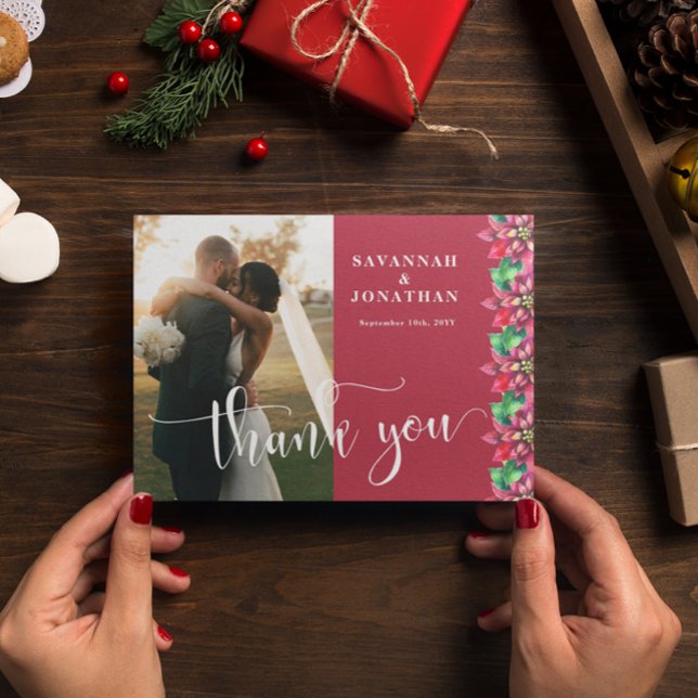 Photo Red Poinsettia Holiday Wedding  Thank You Card (Creator Uploaded)