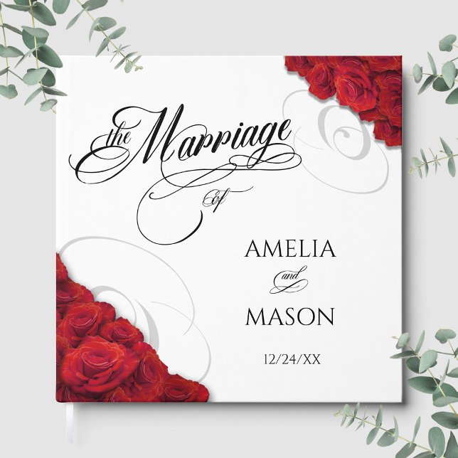 Photo Red Roses Calligraphy Script Square Wedding Guest Book (Photo Red Roses Calligraphy Script Square Wedding Guest Book Front)