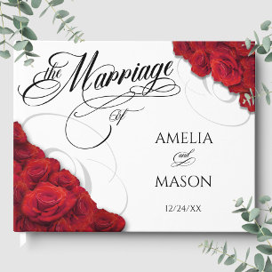 Photo Red Roses Calligraphy Script Wedding Guest Book