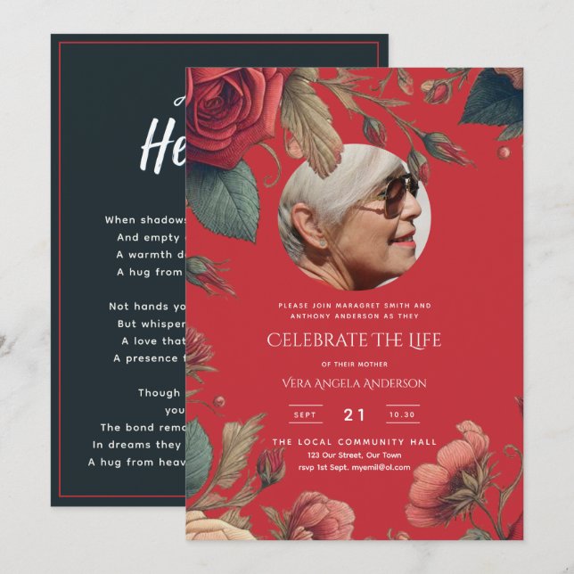 PHOTO Red Roses Celebration of Life Funeral POEM Invitation (Front/Back)