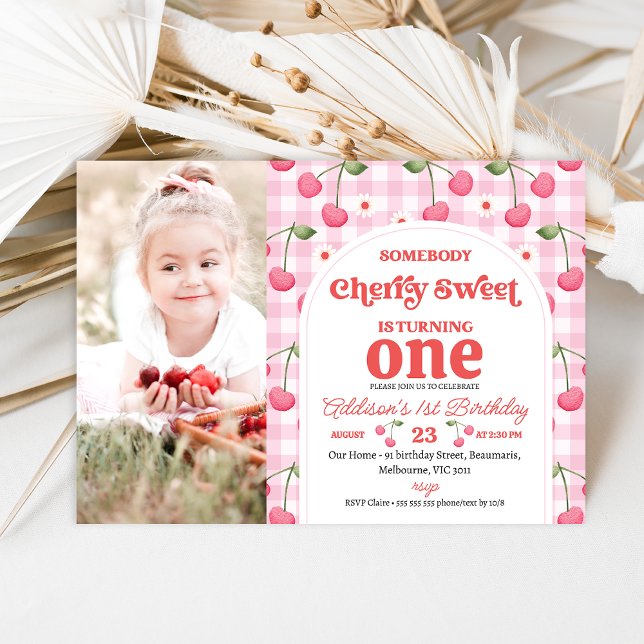 Photo Red Someone Cherry Sweet Birthday Invitation (Cherry Sweet 1st Birthday Invitation Template Photo Berry Themed Birthday Invitation with Photo, )