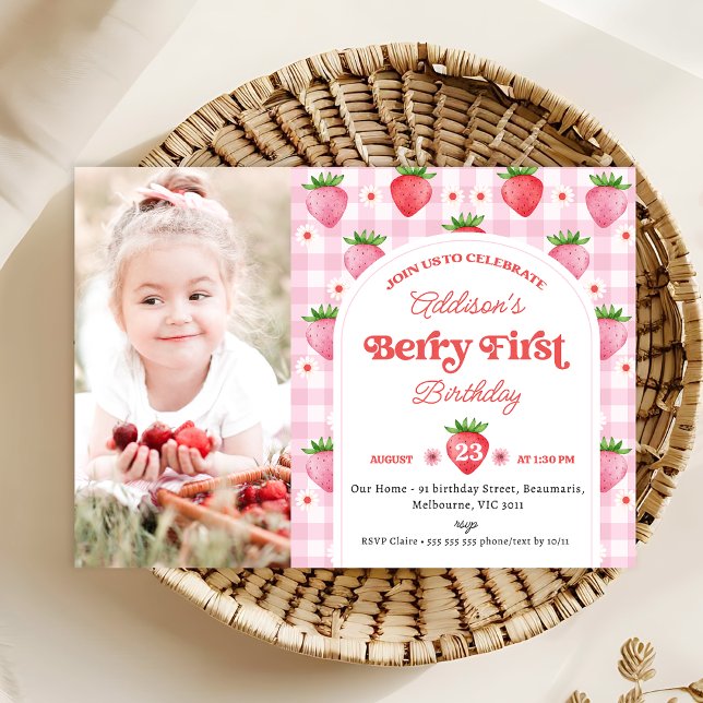 Photo Red Strawberry Berry Sweet 1st Birthday Invitation (Photo Berry First Birthday Invitation Template Modern, Strawberry Berry First Birthday Invitation )