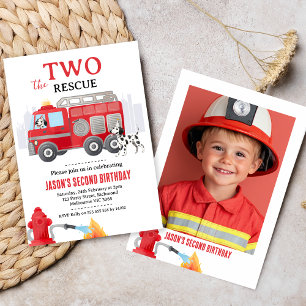 Photo Red Two The Rescue Fire Engine 2nd Birthday Invitation