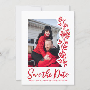 Photo Red White Hand Drawn Roses QR Code Website Save The Date