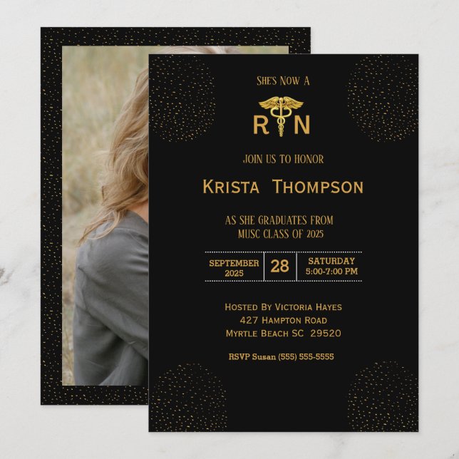  Photo Registered Nurse Graduation Black Gold  Invitation (Front/Back)
