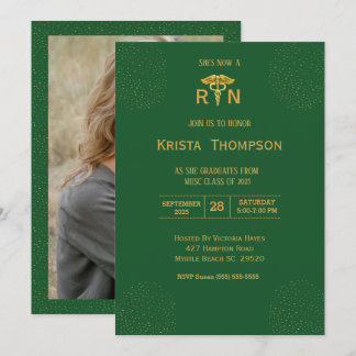 Photo Registered Nurse Graduation Green Gold Inv Invitation
