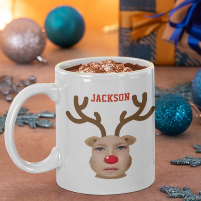 Photo Reindeer Face Personalised Mug (Cute Photo Face Christmas Reindeer - Rudolf )