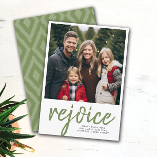 Photo Rejoice Merry Christmas Minimal Green Holiday Card