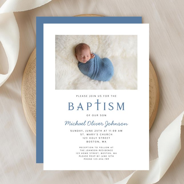 Photo Religious Cross Blue Boy Baptism Invitation (Photo Religious Cross Blue Boy Baptism Invitation)