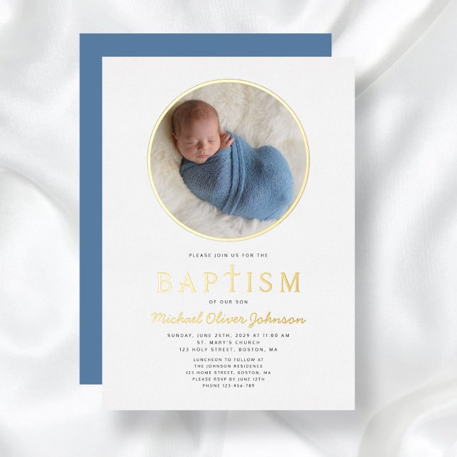 Photo Religious Cross Boy Baptism Gold (Photo Religious Cross Boy Baptism Gold Foil Invitation)