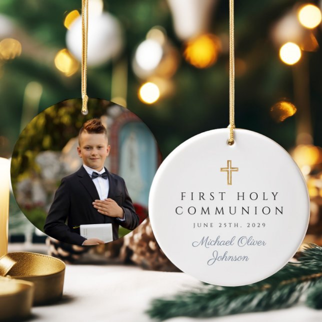 Photo Religious Cross Boy First Communion Ceramic Tree Decoration (Photo Religious Cross Boy First Communion Ceramic Ornament)