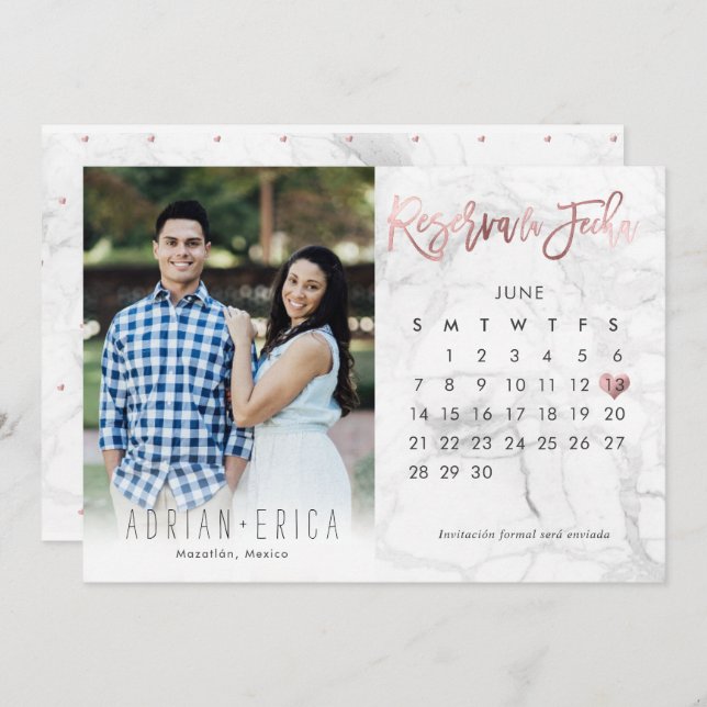Photo Reserva la Fecha Calendario Marble Rose Gold Invitation (Front/Back)
