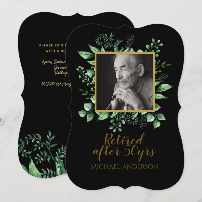 PHOTO Retirement Invitation Black Gold Leaves (Front/Back)
