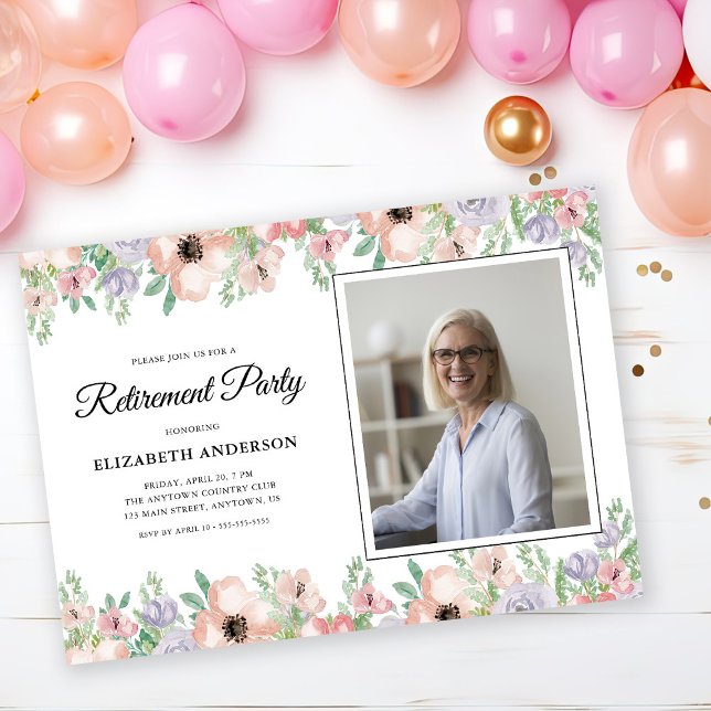 Photo Retirement Party Elegant Pastel Flowers Invitation (Creator Uploaded)