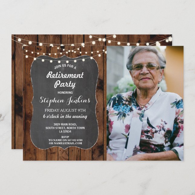 Photo Retirement Party Rustic Lights Wood Chalk Invitation (Front/Back)