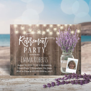 Photo Retirement Rustic Lavender Mason Jar Wood Invitation