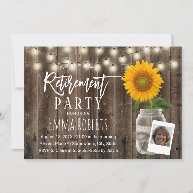 Photo Retirement Rustic Sunflower Mason Jar Wood Invitation (Front)