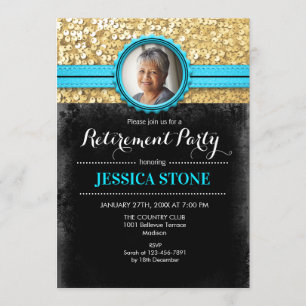 Photo Retirement - Turquoise Blue Gold Black Invitation