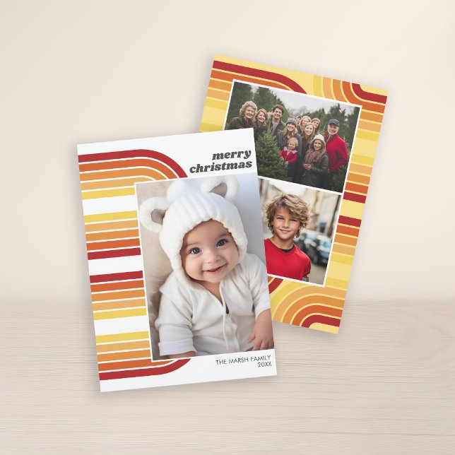 Photo Retro Arch Line Art and Off Centre Pic Holiday Card (3 Photo Christmas Card with Retro 70s Stripes - Print and Download Option)