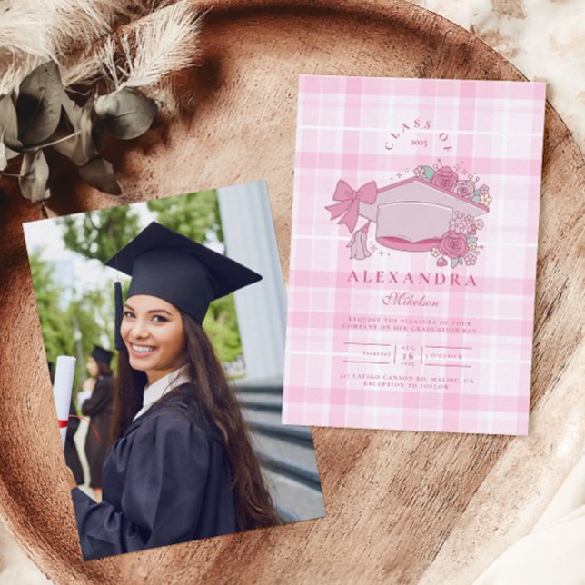 Photo Retro Coquette Pink Bow Graduation Invitation (Creator Uploaded)