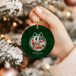 Photo Retro Green Plaid Whimsical Christmas  Ceramic Tree Decoration