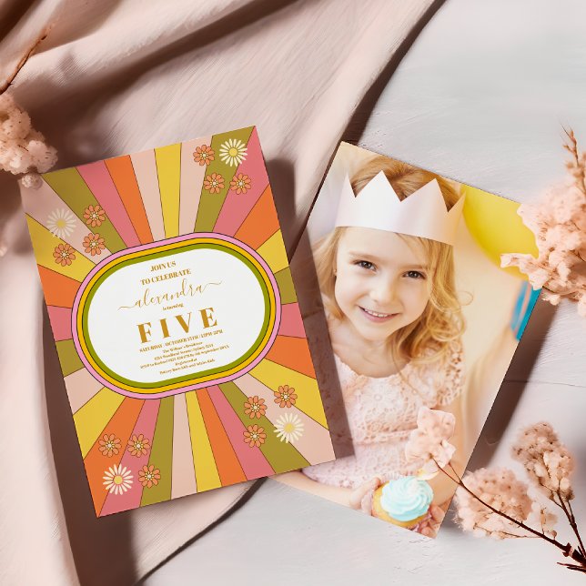 Photo Retro Groovy 70's Themed Kids Birthday Invitation (Creator Uploaded)