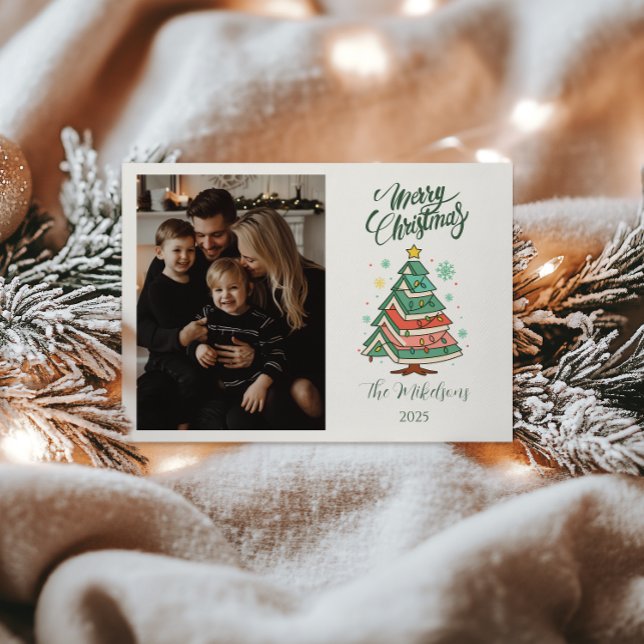 Photo Retro Pastel Christmas Tree Holiday Card (Creator Uploaded)
