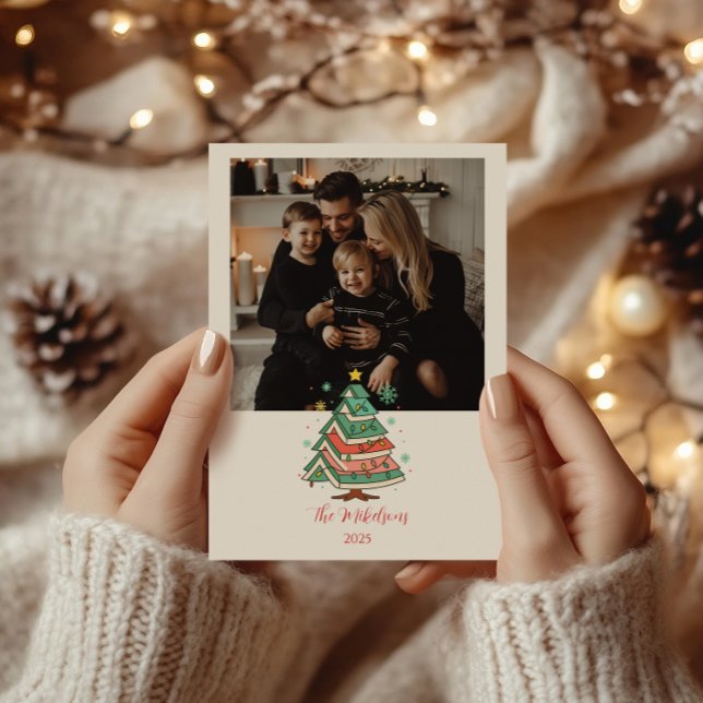 Photo Retro Pastel Christmas Tree Holiday Card (Creator Uploaded)