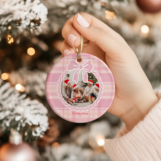 Photo Retro Pink Plaid Whimsical Holiday  Ceramic Tree Decoration (Creator Uploaded)