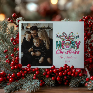 Photo Retro Santa Merry Christmas Coquette Bow Holiday Card