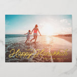 Photo Retro Script Happy Hanukkah<br><div class="desc">Retro style script font "Happy Hanukkah" in real foil. Add a message or more photos to the back side. Choose from gold,  silver or rose gold foil</div>