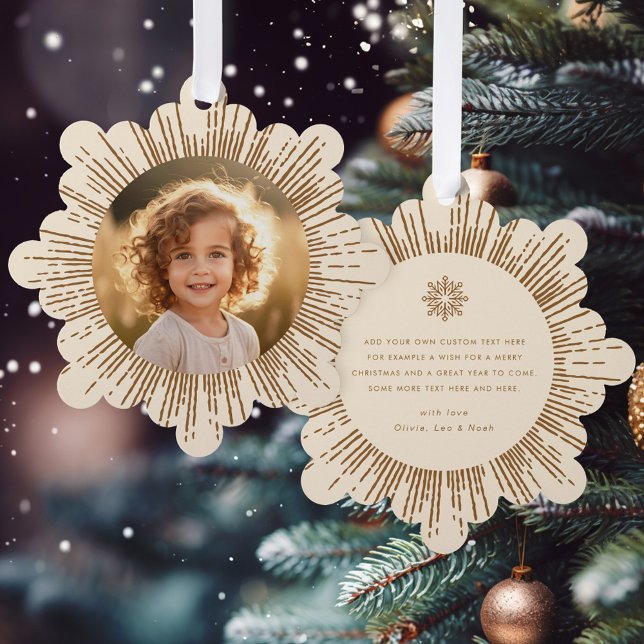 Photo retro sunburst cream snowflake Christmas Tree Decoration Card (Photo retro sunburst cream snowflake Christmas Ornament Card)