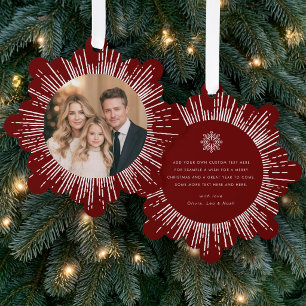 Photo retro sunburst dark red snowflake Christmas Tree Decoration Card