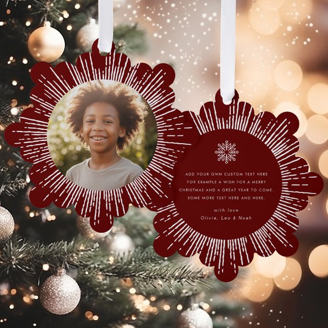 Photo retro sunburst dark red snowflake Christmas Tree Decoration Card (Photo retro sunburst dark red snowflake Christmas Ornament Card)