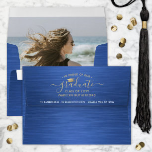 Photo & Return Address Blue Gold White Graduation Envelope
