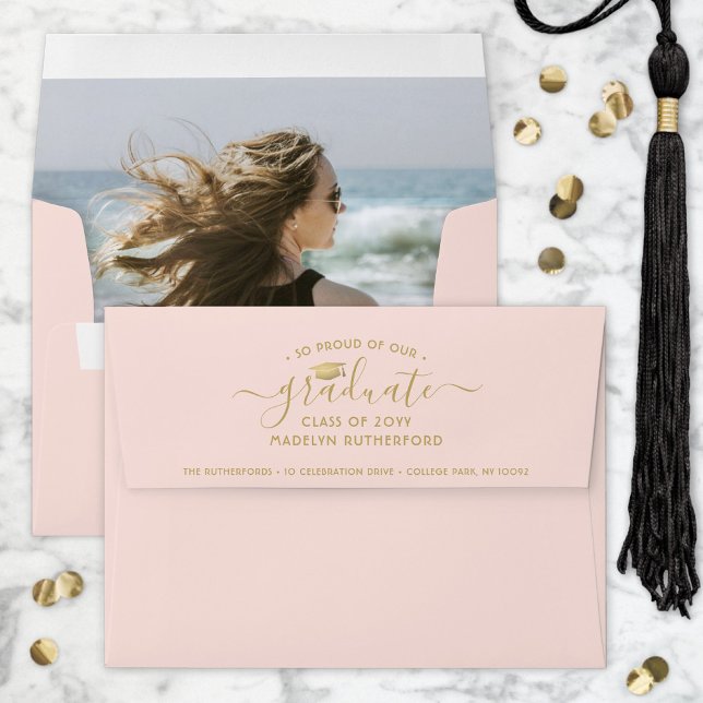 Photo & Return Address Blush Pink Gold Graduation Envelope (Creator Uploaded)