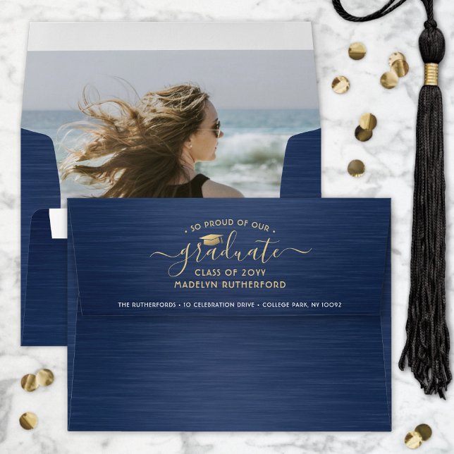 Photo & Return Address Navy Blue & Gold Graduation Envelope (Creator Uploaded)