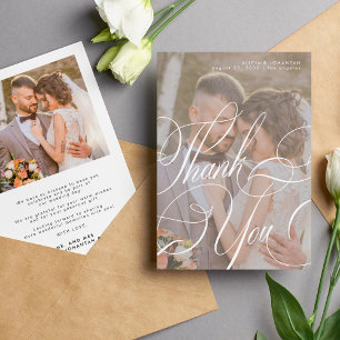 Photo romantic calligraphy script message wedding thank you card