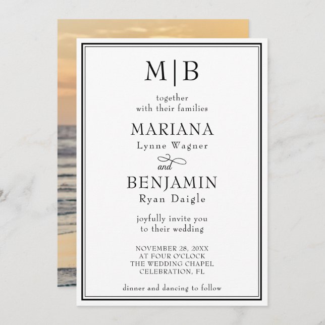 Photo Romantic Modern Classic Wedding Invitation (Front/Back)
