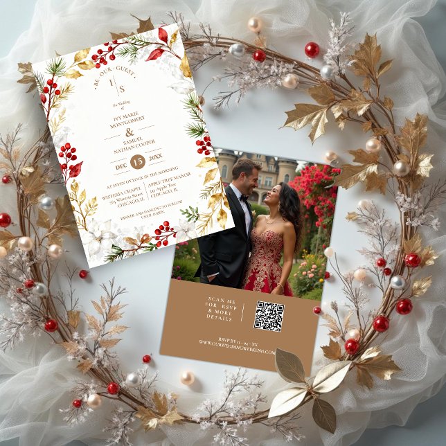 Photo Romantic Winter Nature Frame Wedding Invitation (Romantic Winter Nature Frame Wedding Invitation Cards with Photo on Back and Modern QR Code. )