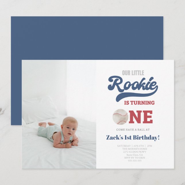 Photo Rookie Baseball Boys 1st Birthday Invitation (Front/Back)