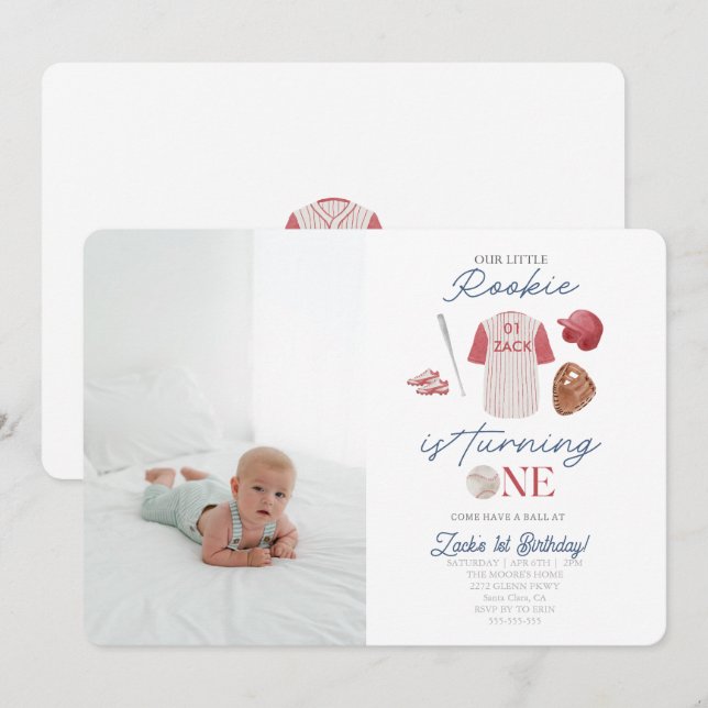 Photo Rookie Baseball Uniform Boys 1st Birthday Invitation (Front/Back)
