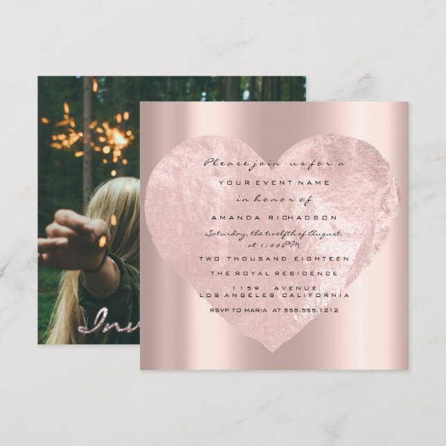 Photo Rose Bridal Shower Rose Pink Heart Grily Invitation (Front/Back)