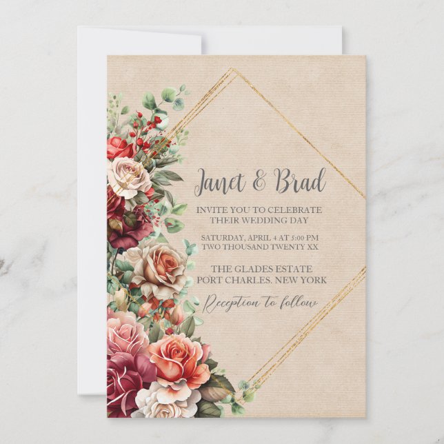  Photo Rose Floral Eucalyptus QR Code Wedding Invitation (Front)