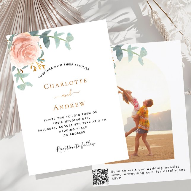 Photo rose floral photo QR RSVP luxury wedding Invitation (Creator Uploaded)