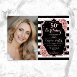 Photo Rose Gold Black 50th Birthday Invitation<br><div class="desc">Elegant floral 50th birthday invitation with your photo. Glam black pink design with faux glitter rose gold. Features black white stripes, blush pink roses, script font and confetti. Perfect for a stylish adult bday celebration party. Personalise with your own details. Can be customised for any age! Printed Zazzle invitations or...</div>