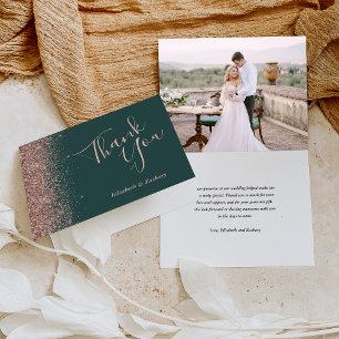 Photo Rose Gold Dark Green Wedding Thank You Card