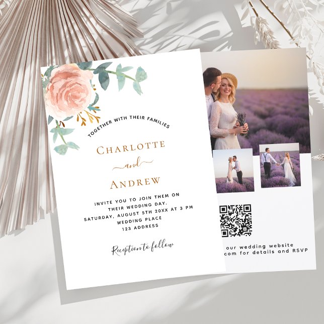 Photo rose gold floral photo QR RSVP wedding Invitation (Creator Uploaded)