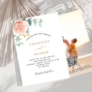 Photo rose gold floral photo QR RSVP wedding Invitation